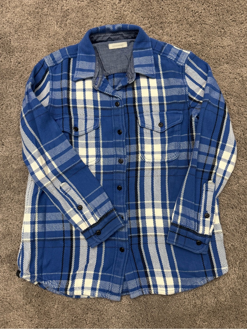 Outerknown Blue and White Plaid Button-Down Shirt. Size XS/S